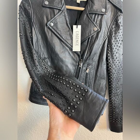 L’AGENCE Jacket black Leather studded Moto Biker Jacket NWT XS - Picture 8 of 12